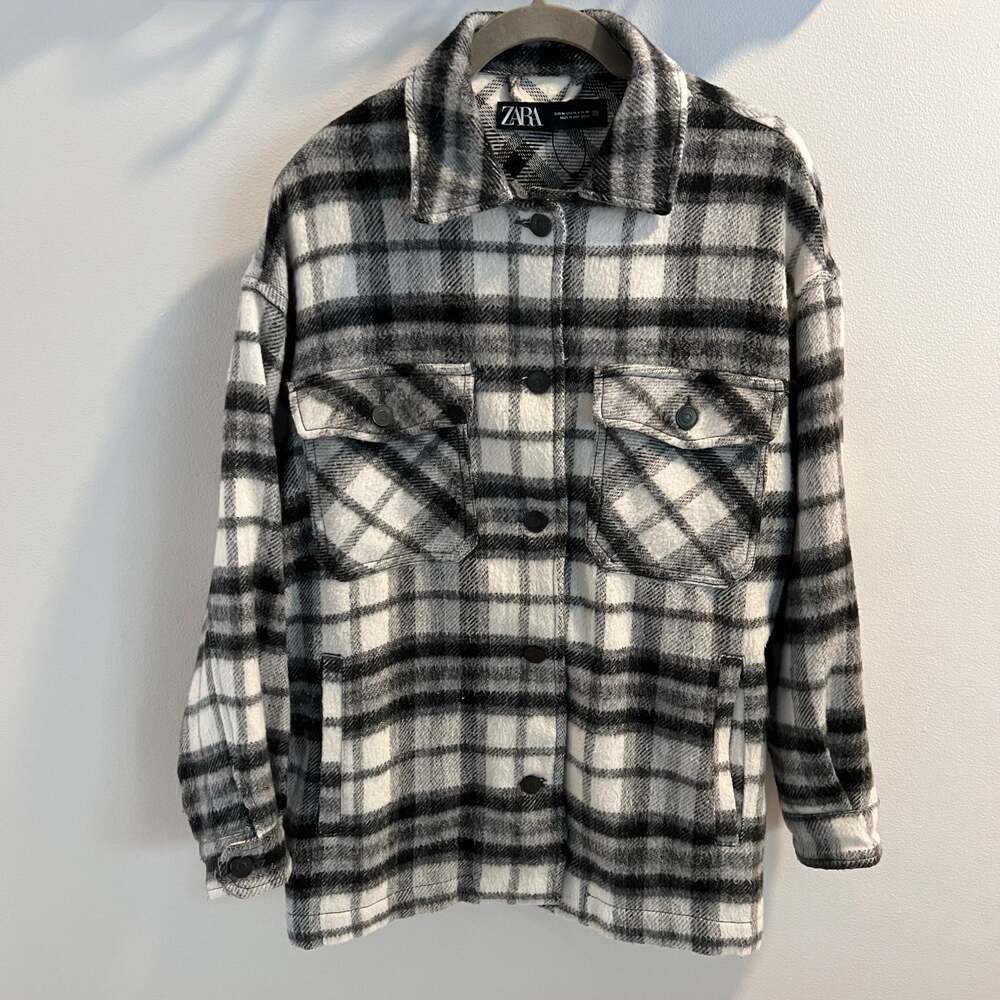 Zara Black and White Plaid Shacket Shirt Jacket Size M